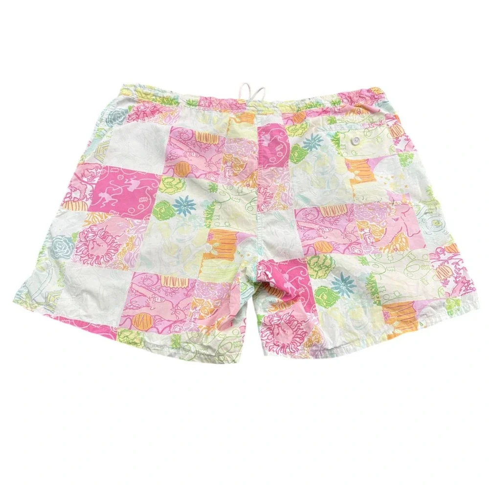 Lilly Pulitzer Mens Swim Trunks L Patchwork Tropical Print Cotton Shorts Resort
